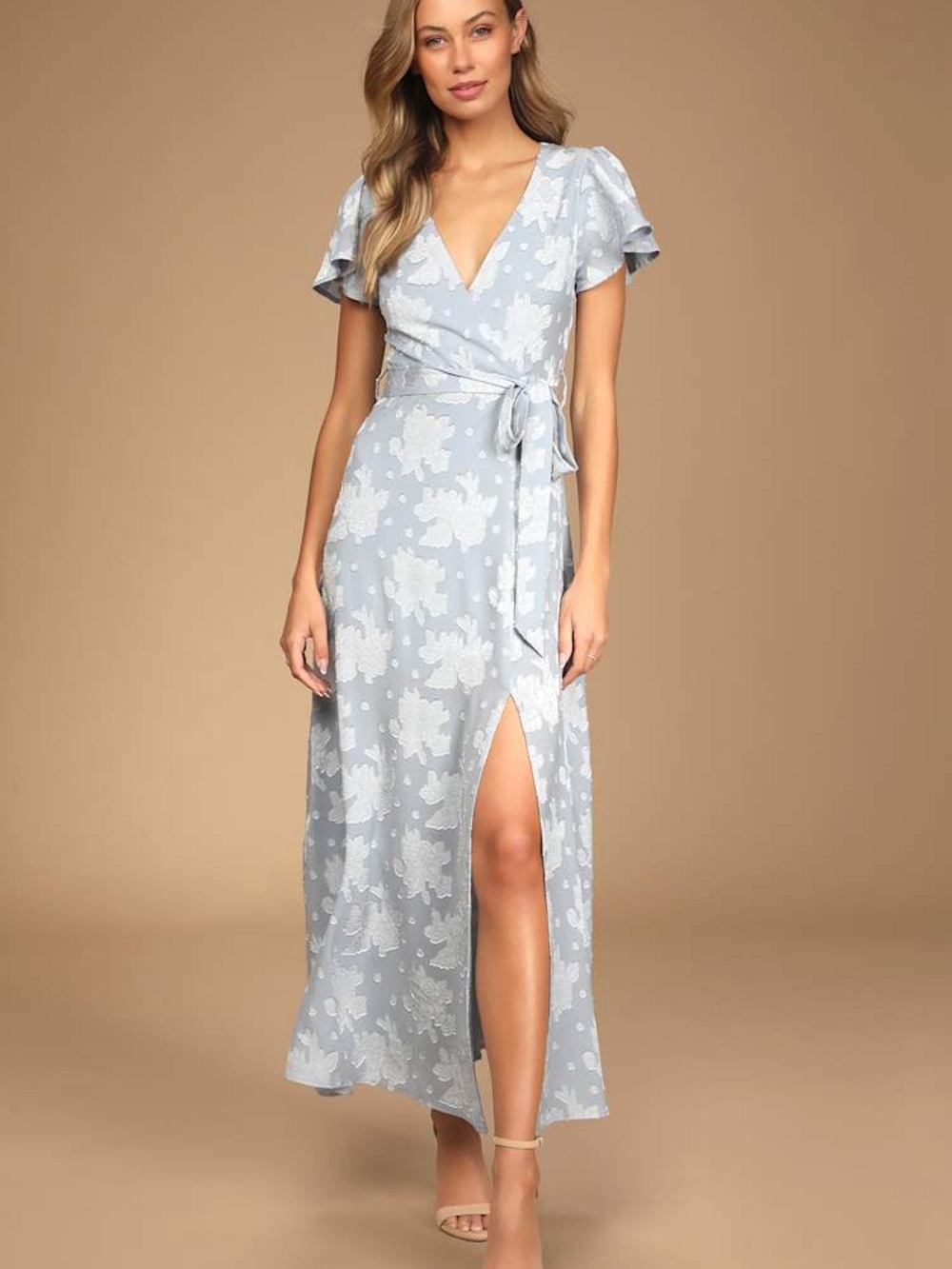 Lulu’s Compelling Love Light Blue Jacquard Short Sleeve Maxi Dress